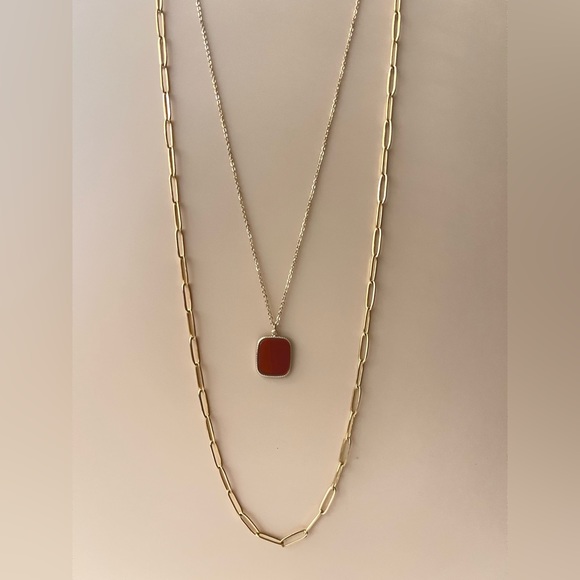Red & Gold Elegant Pendant Layered Necklace, Red Natural Stone Pendant Necklace - Picture 9 of 14